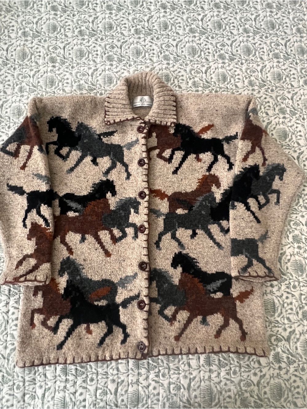 VTG Design Options Heavy Wool Horse Cardigan Sweater Graphic Intarsia Size Large